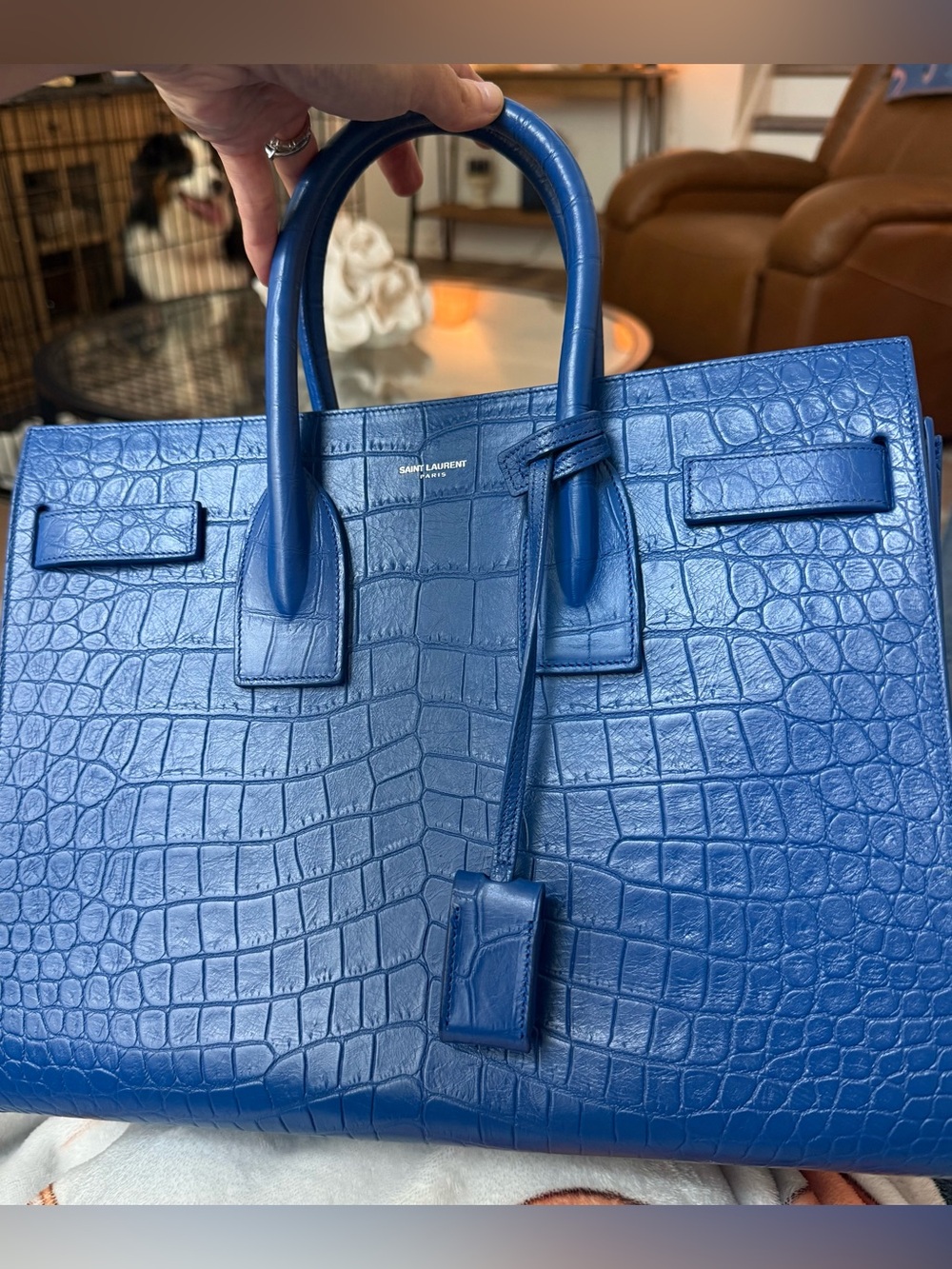 Saint Laurent Electric Blue Croc-Embossed Sac de Jour